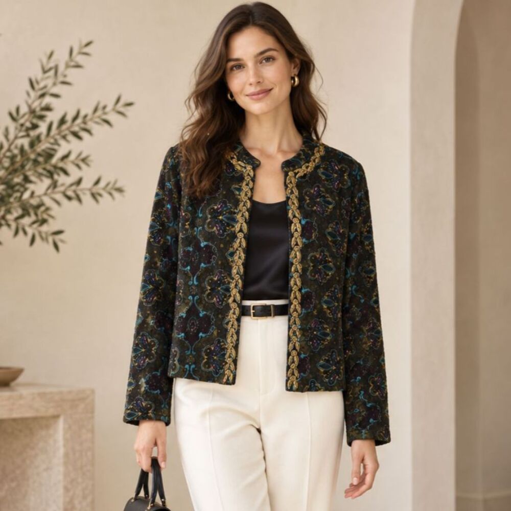 Chicos Embellished Paisley Jacket Sz 3 Dark Green Lightweight Open Front Blazer